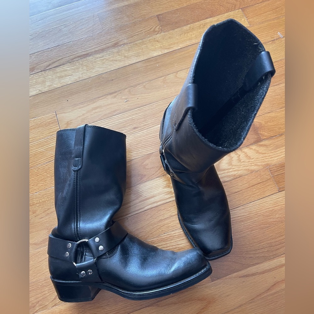 Vintage Sears unisex harness leather black boots with square toe